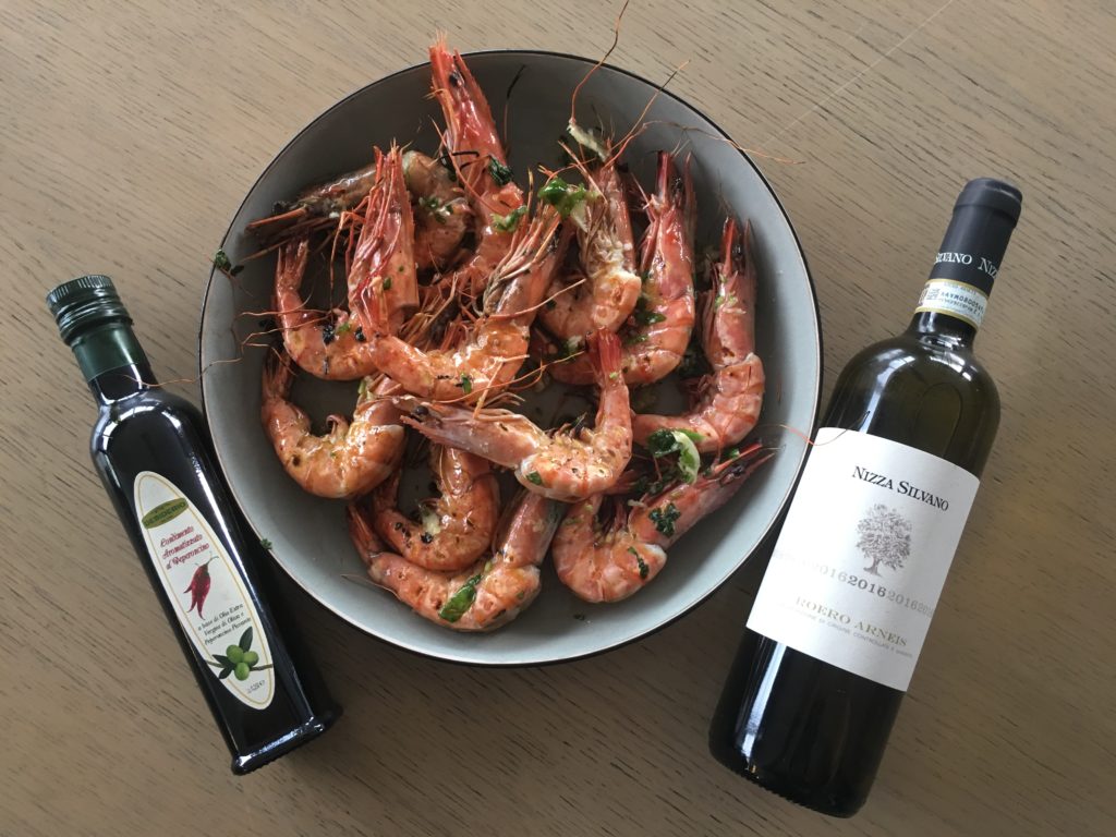 Gegrilde Gamba's Olio di Peperoncino Desiderio Roero Arneis Nizza Silvano