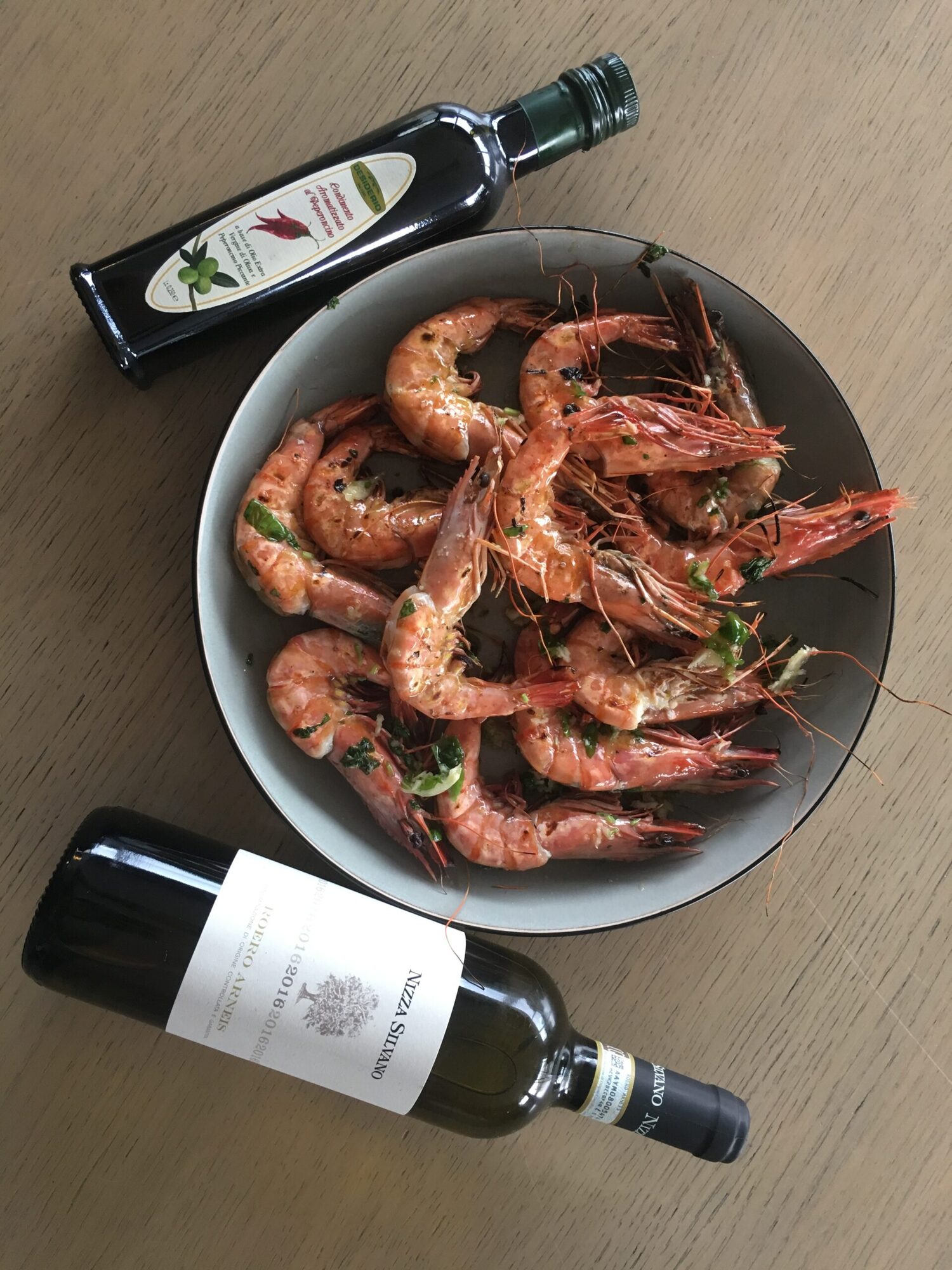 Gegrilde Gamba's Olio di Peperoncino Desiderio Roero Arneis Nizza Silvano